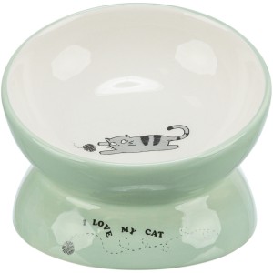 Castron Ceramic Pentru Pisici, Ridicat, Forma Ergonomica, 0.15 l/Ã¸ 13 cm, Verde Salvie/Alb