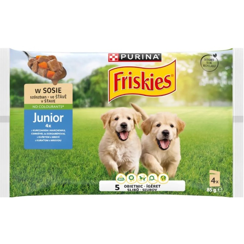 Hrana Umeda pentru Caini, Friskies Junior, cu Pui si Morcovi in Sos, 4 x 85 g