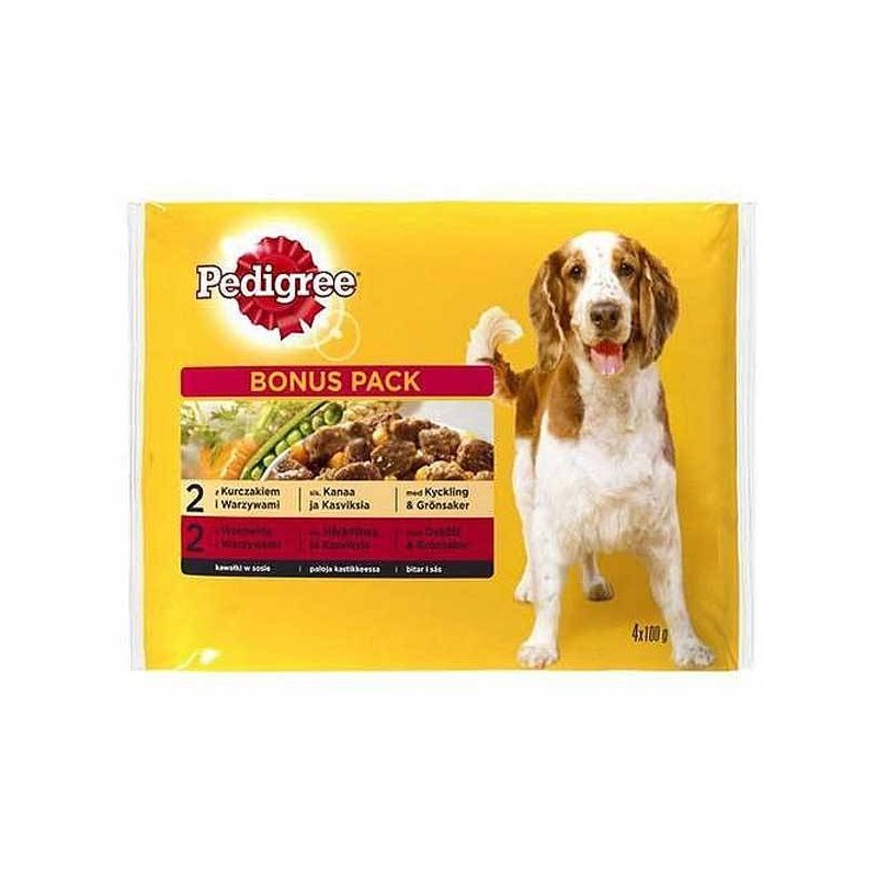 Hrana Umeda pentru Caini, Pedigree Vital Adult, Vita/Miel/Curcan si Morcov In Sos, 4 x 100 g