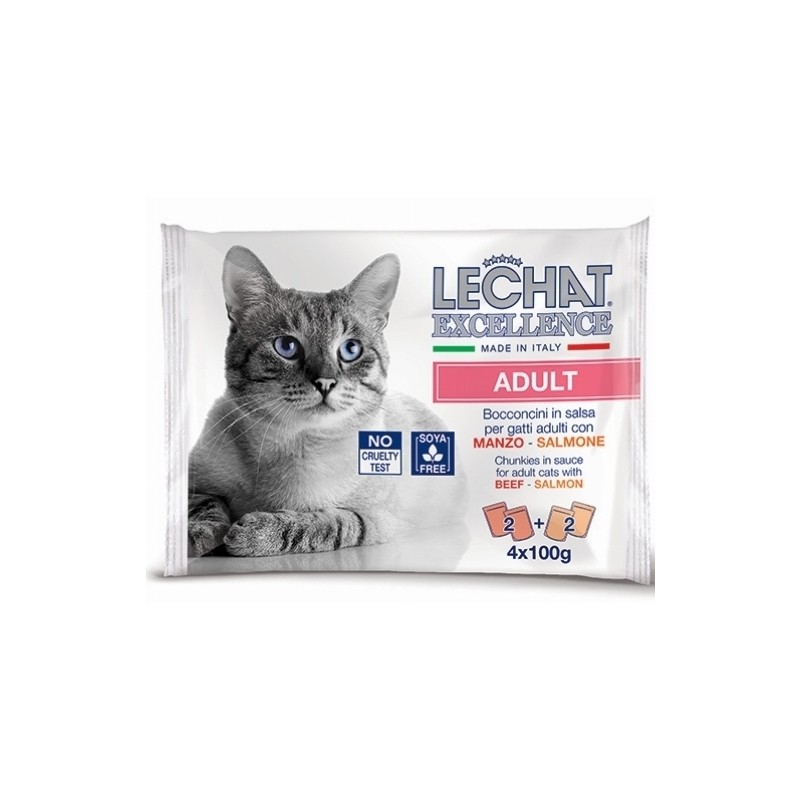 Hrana Umeda pentru Pisici, LeChat Excellence Adult, cu Vita/Somon In Sos, 4 x 100 g	