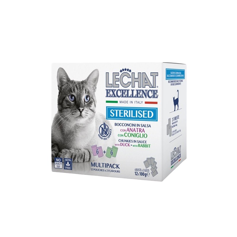 Hrana Umeda pentru Pisici, LeChat Excellence Steril, Multipack, cu Rata/Iepure, 12 x 100 g 