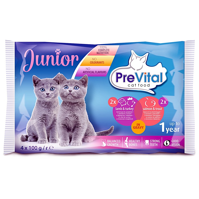 Hrana Umeda pentru Pisici, Prevital Junior, cu Miel/Curcan si Somon/Pastrav, 4 x 100 g	