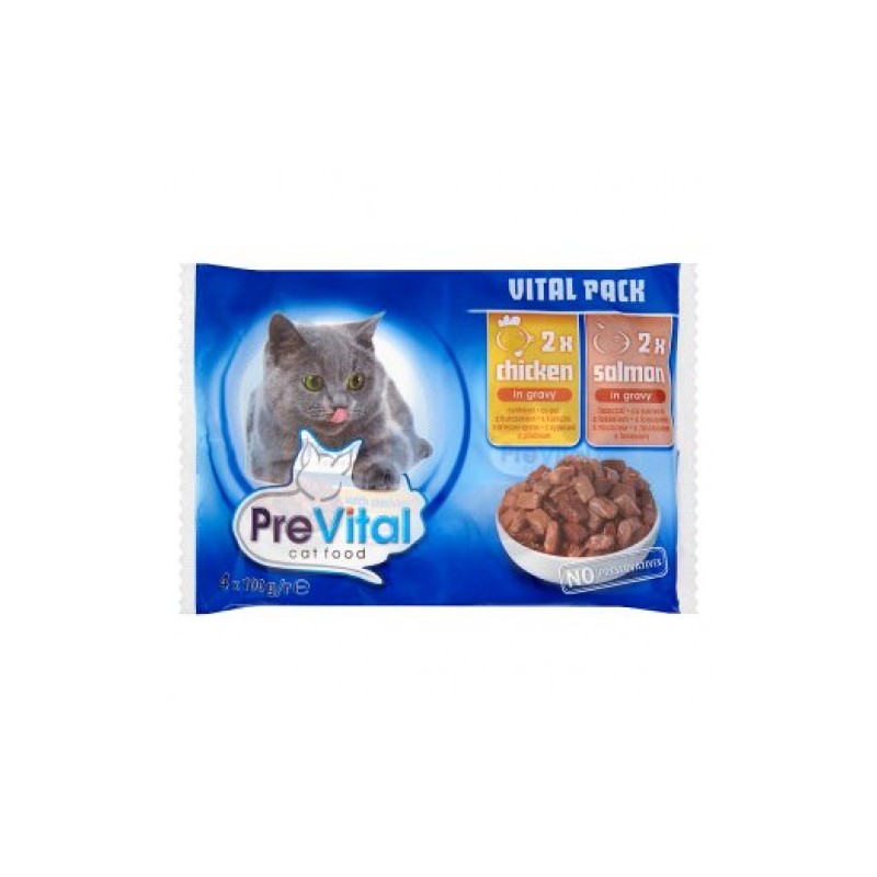 Hrana Umeda pentru Pisici, Prevital Vital Pack, cu Pui si Somon In Sos, 4 x 100 g	