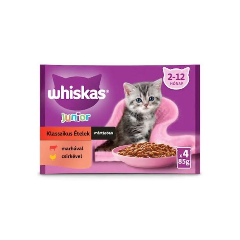 Hrana Umeda pentru Pisici, Whiskas Junior Classic, Vita si Pui, 4 x 85 g