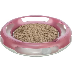 Jucarie 2in1 Pentru Pisici, Race & Scratch, Plastic/Carton, 37 cm, Roz/Alb