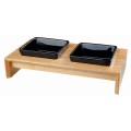 Set 2 Castroane Ceramice cu Suport Lemn, Negru/Maro Deschis, 2 buc, Dimensiune 13 x 13 cm/36 x 7 x 19 cm/2 x 0.4 l