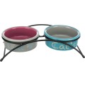Set 2 Castroane Ceramice cu Suport Metalic, 2 x 0.3 l/12 cm/26 x 7 x 13 cm, Gri/Roz/Albastru