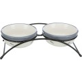 Set 2 Castroane Ceramice cu Suport Metalic, 2 x 0.3 l/12 cm/26 x 7 x 14 cm, Alb/Albastru-Gri