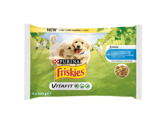 Hrana Umeda Pentru Caini, Friskies Vitafit Junior, Pui Si Mazare In Jeleu, 4x100 g