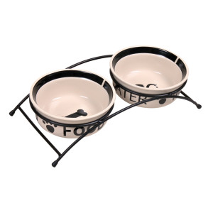 Set 2 Castroane Ceramice Cu Suport Metalic, 2x0.6 l/ø 15 cm/32x9x15 cm, Alb/Negru, 24641
