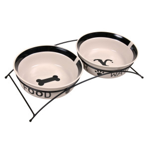 Set 2 Castroane Ceramice Cu Suport Metalic, 2x2.6 l/ø 25 cm/54x12x24 cm, Alb/Negru, 24643