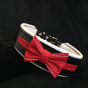 Zgarda Bowtie-Papion, Piele Naturala, S: 35-42.5 cm, Negru/Rosu