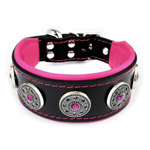 Zgarda Bijou, Piele Naturala, L: 42.5-50 cm, Negru/Roz, pentru Boxer, Retriever, etc