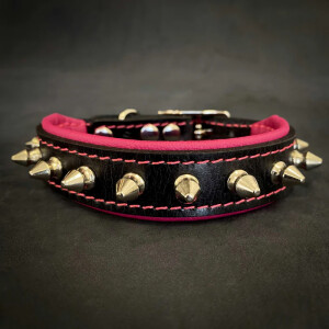 Zgarda Spiky, Piele Naturala, S: 25-30 cm, Roz