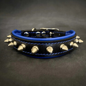 Zgarda Spiky, Piele Naturala, M: 30-35 cm, Albastru