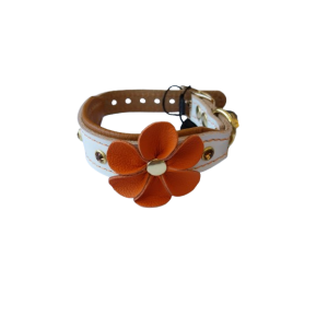 Zgarda Flower, Piele Naturala, S: 25-30 cm, Alb/Maro/Portocaliu