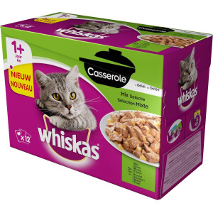 Hrana Umeda Pentru Pisici, Whiskas Casserole Adult, Mix Selectie Cu Pui/Somon/Vita/Ton In Jeleu, 12x85 g
