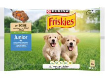 Hrana Umeda Pentru Caini, Friskies Junior, cu Pui si Morcovi in Sos, 4x85 g